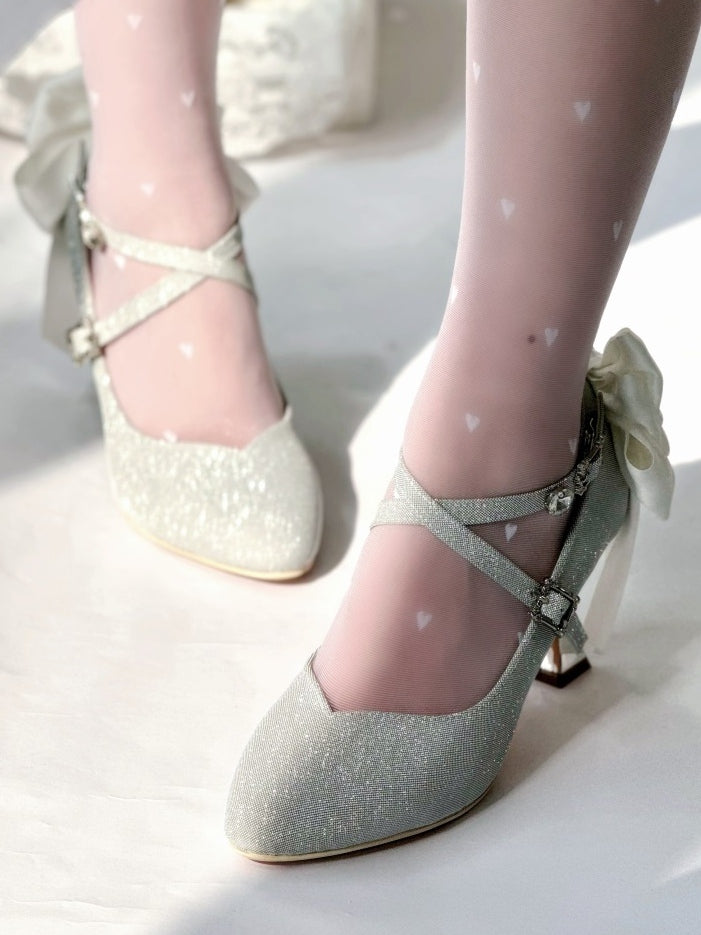 Toe Lolita PU Heels - High Silver Pointed Sparkling