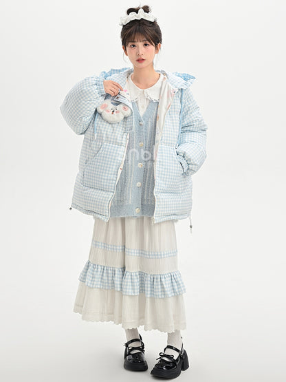 Cute Little Bear Plushie Adorned  Blue Striped Loose Cardigan