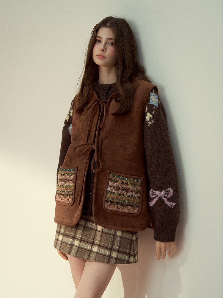 Brown Vintage with Double-Sided Bow Vest Design Pattern Fur Tie