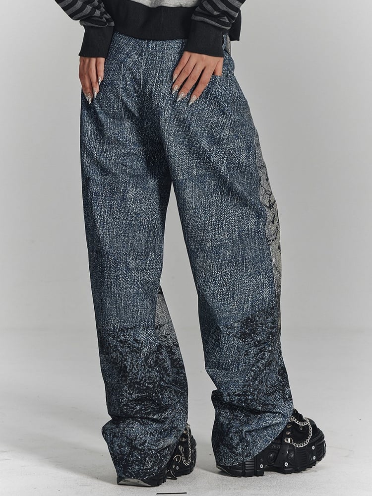 Wide-Leg Cuff Blue Belt Black + Charm Y2K Print Punk Cross Splatter with Jeans