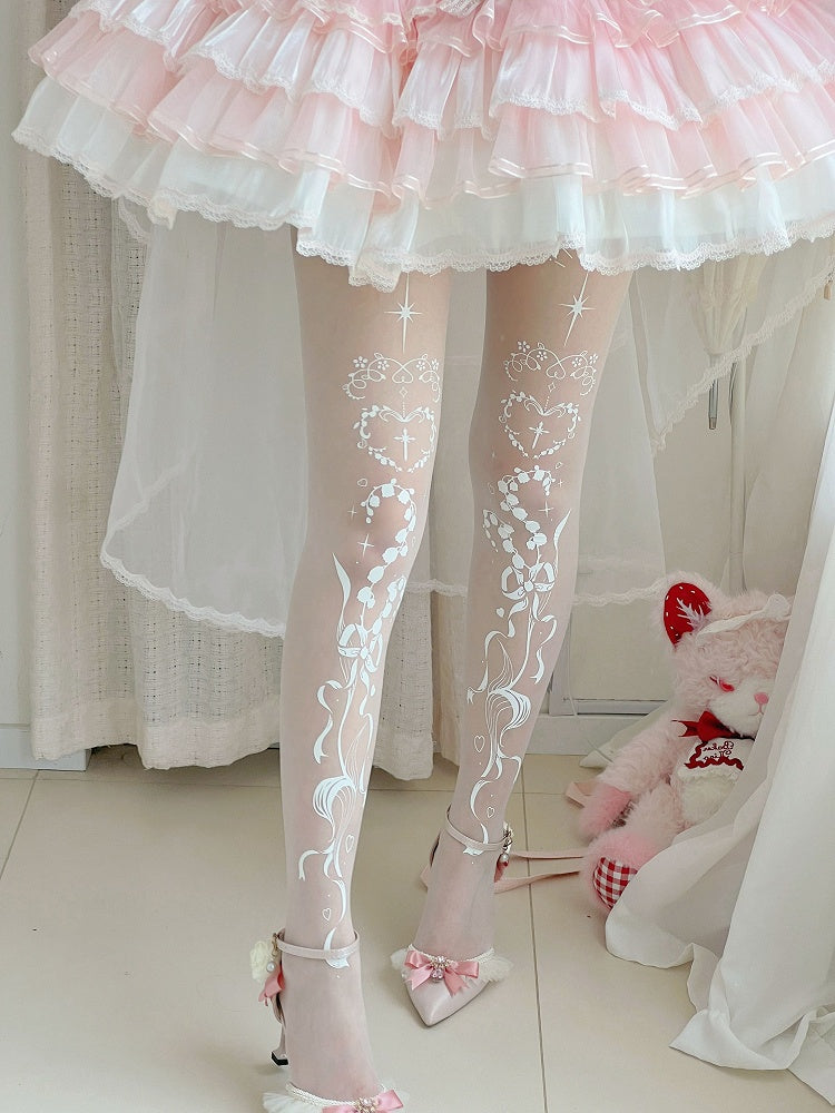 Strumpfhose Gothic Maiglöckchen und Kreuzdruck Shiro Lolita