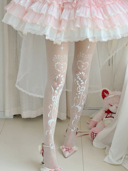 Strumpfhose Gothic Maiglöckchen und Kreuzdruck Shiro Lolita