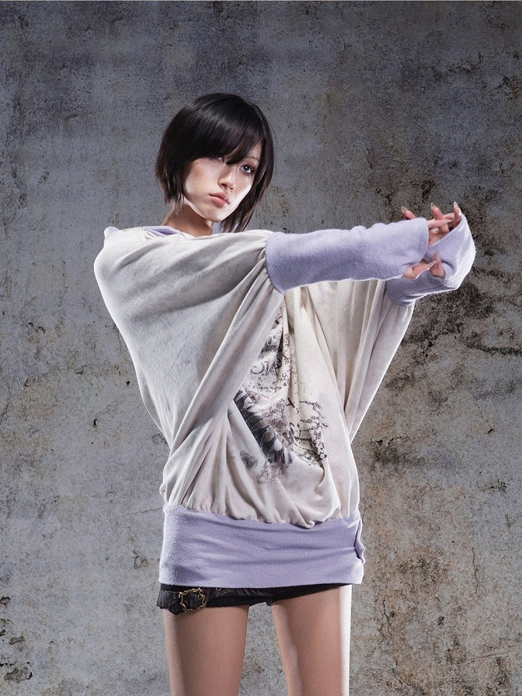 Top with Purple Print Accents Button Two-piece Punk Apricot Letter