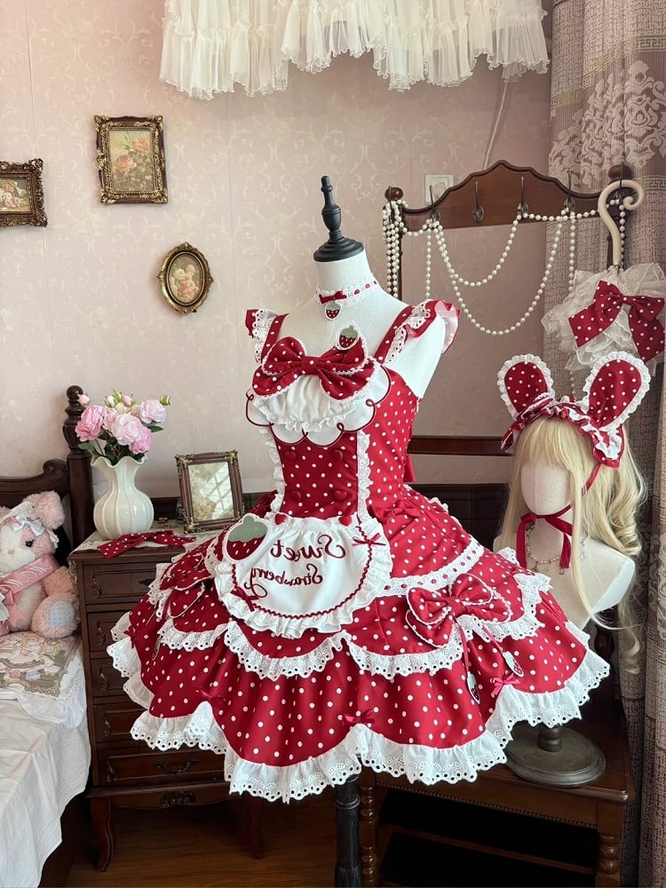 and Details Themed Lace JSK Dot Strawberry Lolita with Vintage Dress Bow Red Polka