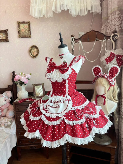 Dress Themed with JSK Dot + Red Polka Lolita and Bunny Hairband Strawberry Ear Vintage Details Lace Bow