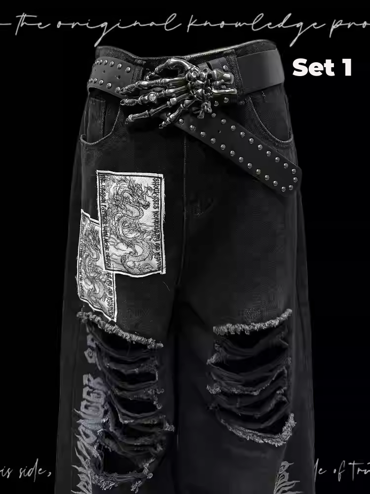 Schwarz Punk Print Dragon Holes Saum Jeans Distressed Applikationen Raw
