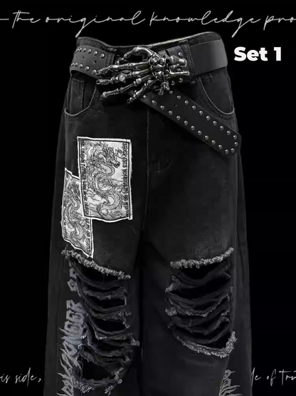 Schwarz Punk Print Dragon Holes Saum Jeans Distressed Applikationen Raw