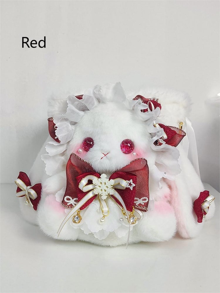 with Strap 5 Colors Accents Plush Flower Bag Bowknot Convertible Size Small Bucket Bunny White -