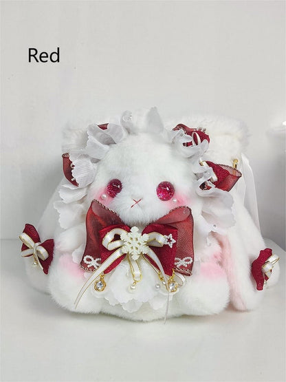 with Strap 5 Colors Accents Plush Flower Bag Bowknot Convertible Size Small Bucket Bunny White -