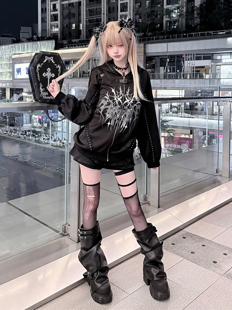 Distressed Black Thorn Graphic Jirai-Kei Hooded Jacket with Stud Accents - Puppet Bombs