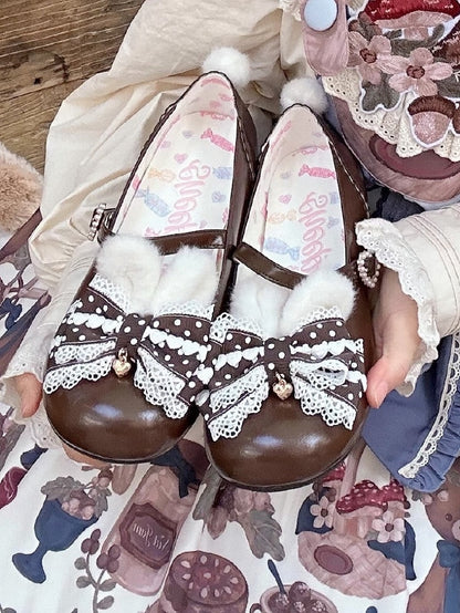 Lolita Bunny Shoes Pom Mary Jane Brown Sweet with Ears Tail