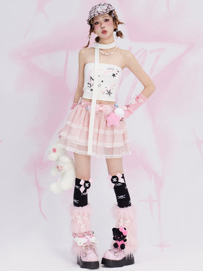 ピンクのレーストリムティアードミニスカート