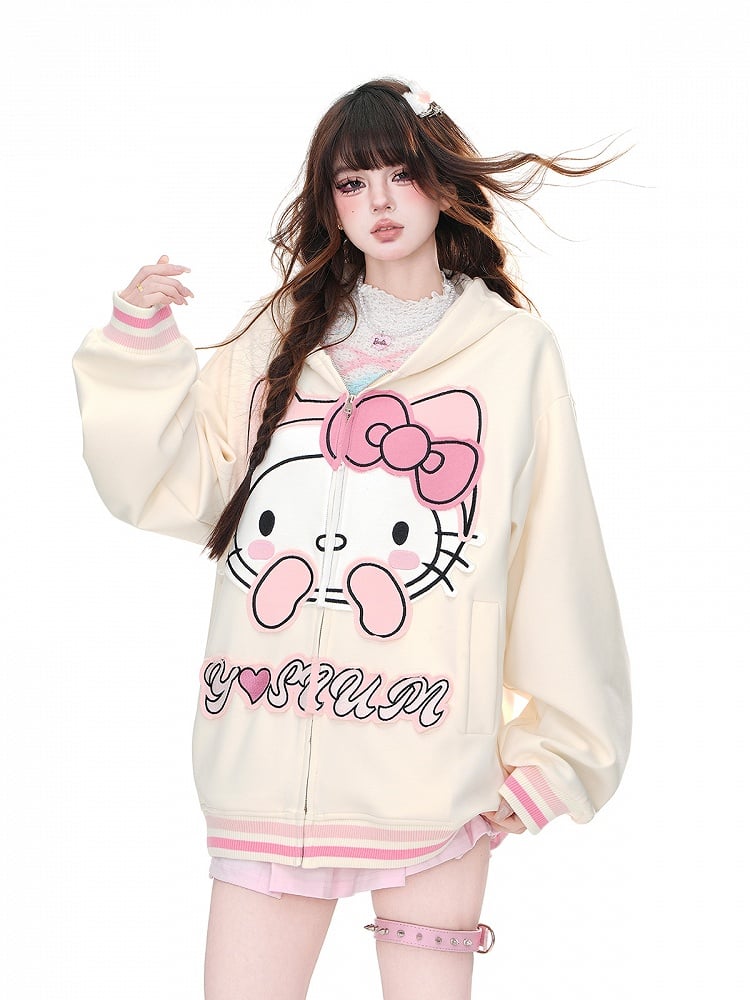 Apricot/Schwarz – Oversize-Kapuzenpullover mit Kätzchen-Stickerei und Reißverschluss