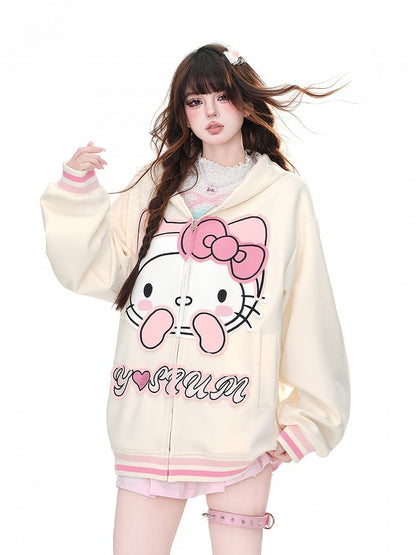 Apricot/Schwarz – Oversize-Kapuzenpullover mit Kätzchen-Stickerei und Reißverschluss