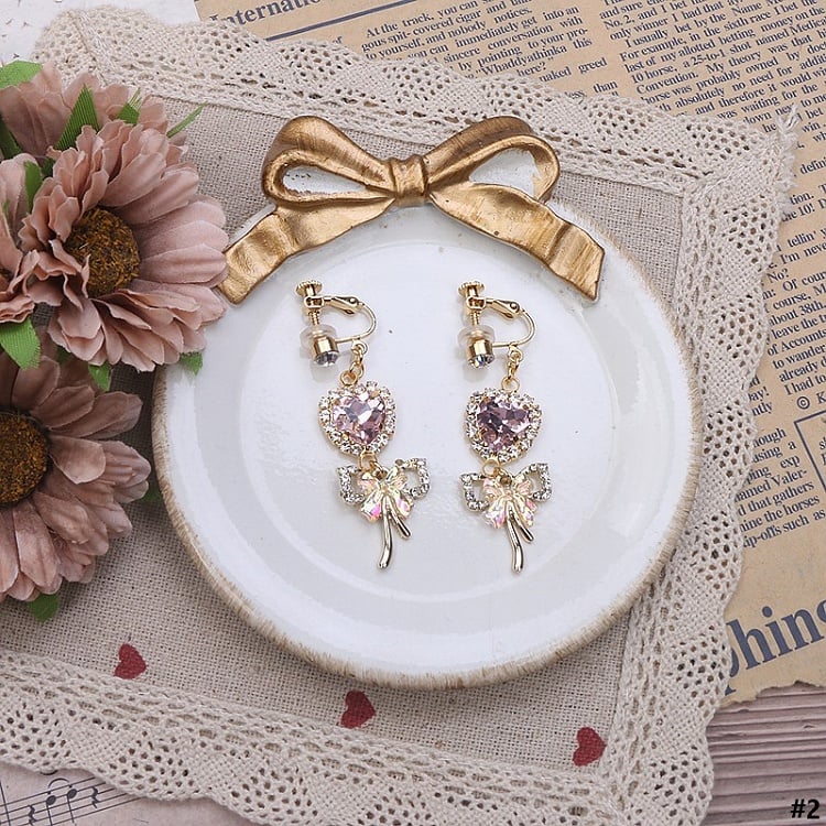 Jirai Heart Butterfly Rhinestone Options 3 Color Kei Earrings