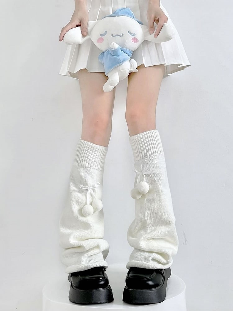 Sweet Lolita Knitted Pompom Bow Leg Warmers - Two Bear Pink