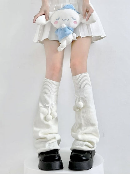 Sweet Lolita Knitted Pompom Bow Leg Warmers - Two Bear Pink