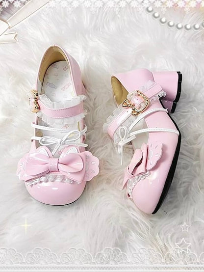 Round-toe Paw Details with Pink Cat Heel Sweet Heels in Cat-themed Lace Bow Lolita Mid