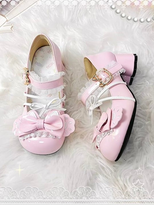 Round-toe Paw Details with Pink Cat Heel Sweet Heels in Cat-themed Lace Bow Lolita Mid