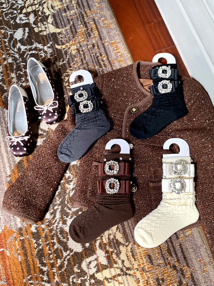 Knee Handmade Under Stockings Square Milk White/Black Rhinestone