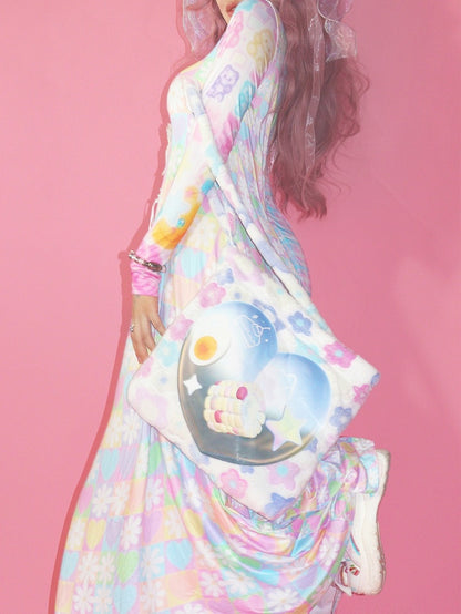 Blumendruckmuster Herz Y2K Buntes und kariertes Bärenkleid