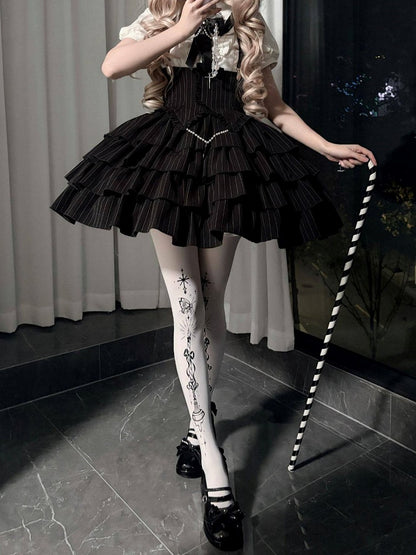 Cross Short White + Sleeves Striped Gothic-Style with Blouse High Skirt Lolita Waist Accents Black