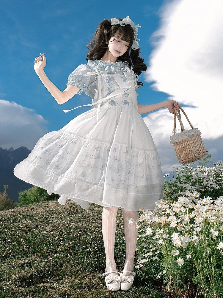 Light Blue Sheer Short-Sleeve Crew Neck Tencel Blouse with Lace - Yimu Walnut