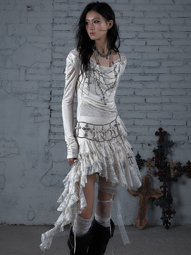 Chain Dress Cross Punk Black/Beige Beaded Wasteland Trim Print Lace