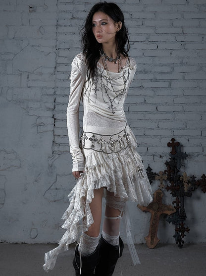 Chain Dress Cross Punk Black/Beige Beaded Wasteland Trim Print Lace