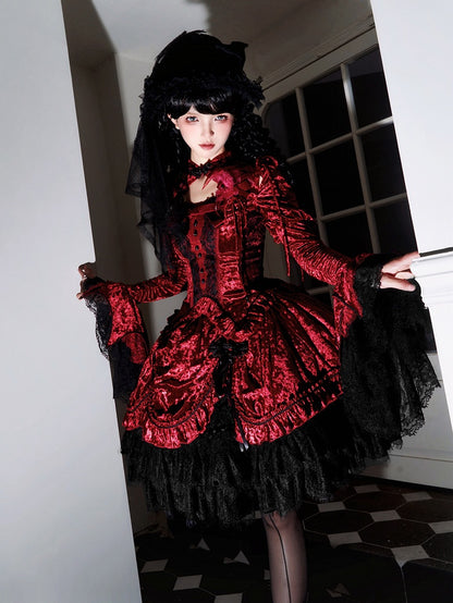 赤いゴシックロリータベルベットタッセルノットボタンドローストリングスカート