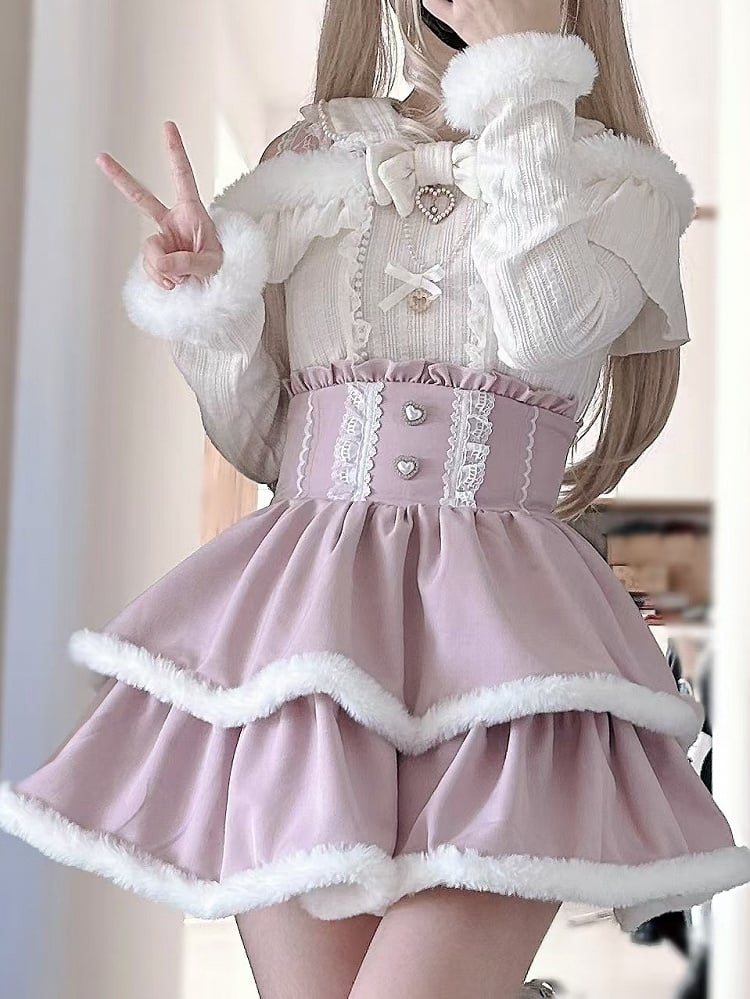 High Waist Tiered Skirt Double-Layered Plush Trim  Plaid Jirai Kei Pink/Black