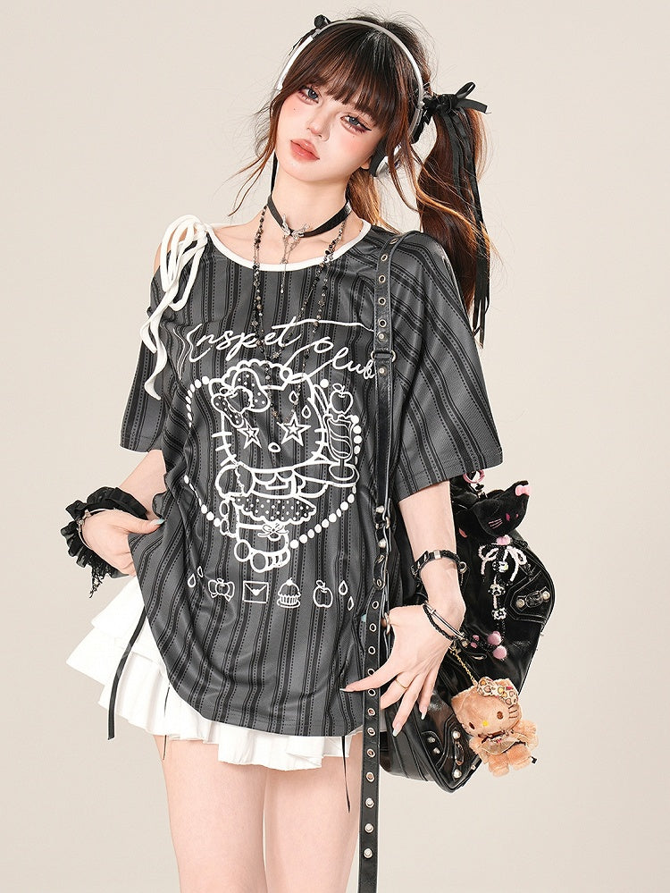 ビタースイートTシャツ ストライプストラップ キティ柄 ブラック/ホワイトプリント ネックライン アシンメトリー セルフタイ