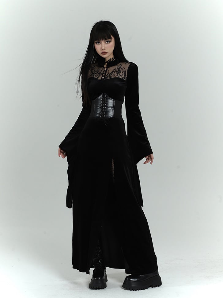 Gothic Black Velvet Contrast Lace Patches Bell Sleeves Side Slit Dress