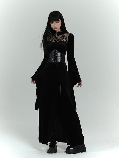 Gothic Black Velvet Contrast Lace Patches Bell Sleeves Side Slit Dress
