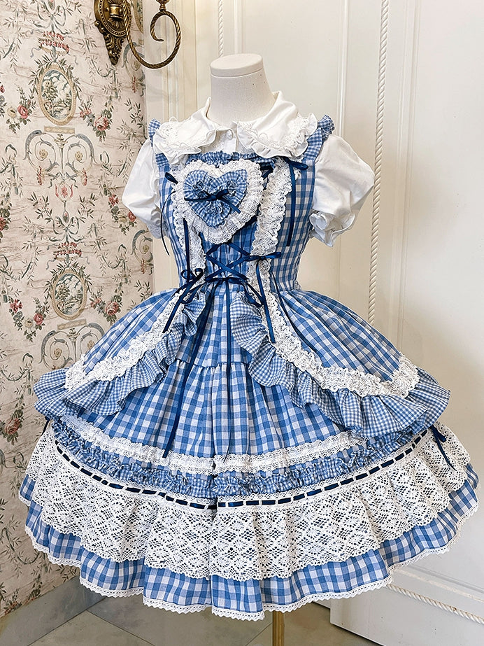 オールドスクールブルードレス、ギンガムロリータジャンパー、ホワイトスカート