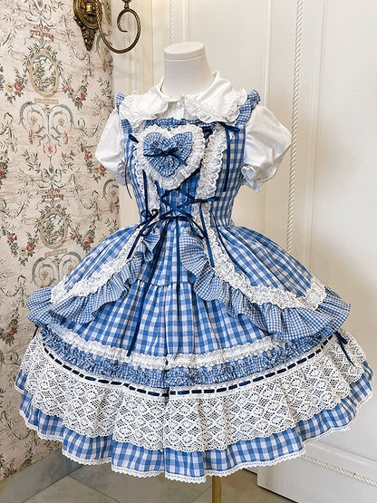 オールドスクールブルードレス、ギンガムロリータジャンパー、ホワイトスカート