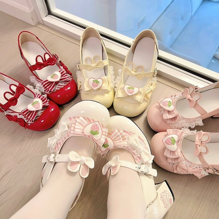Heels Sweet White Embroidered with Lolita Mid Appliques Strawberry Heart
