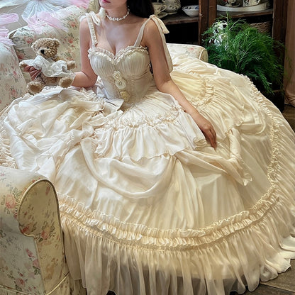 Dress Corset Gorgeous Waist Length Floor Flowers Apricot Gown Adorned Birthday