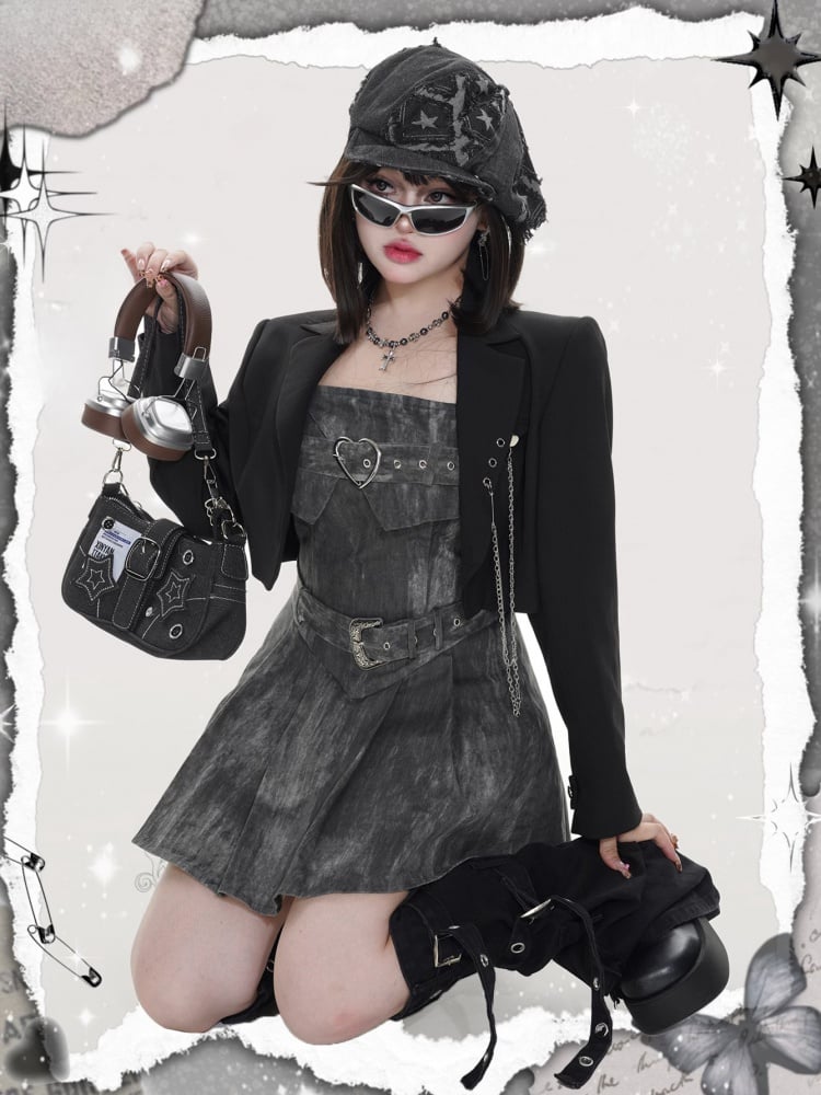 チェーン付きプラスサイズ ブラック クロップド ブレザー