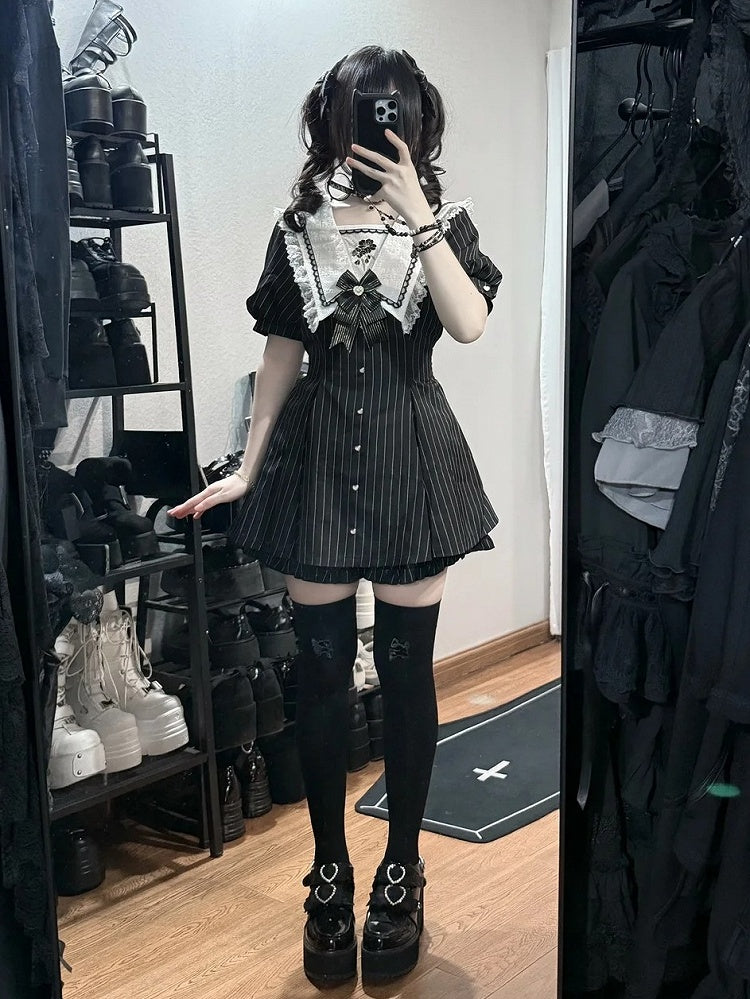 Black Striped Sailor Collar Short-Sleeve Dress with Cherry Blossom Embroidery and Matching Shorts - Dream Core Waves