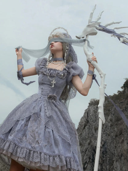 Gray Dragon Bone Embroidery High-low Skirt Dress Gothic Lolita OP with Cathedral Embroidery Overlay
