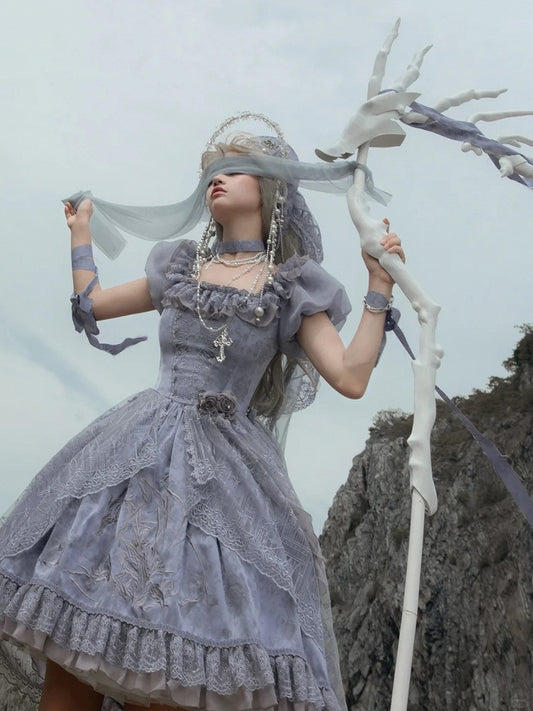 Gray Dragon Bone Embroidery High-low Skirt Dress Gothic Lolita OP with Cathedral Embroidery Overlay