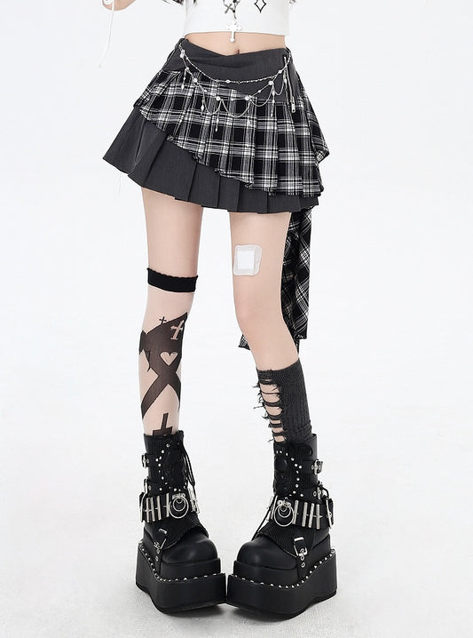 裾グレーチェック柄アシンメトリープリーツスカート