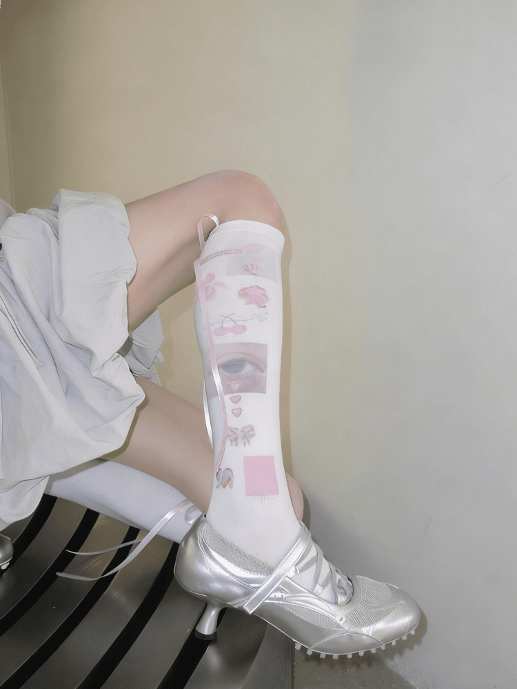 Lolita Print Socks Bow Calf