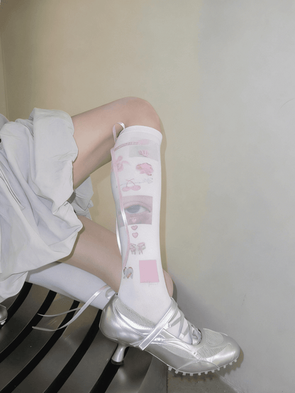Lolita Print Socks Bow Calf