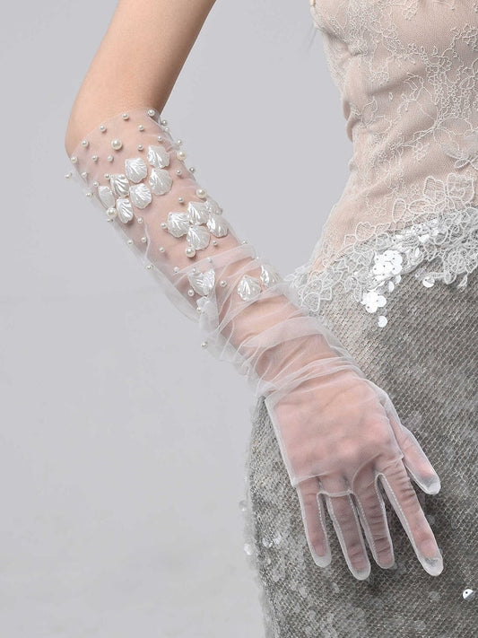 White Artificial and Decorated Pearls Gloves Tulle Shells Sea