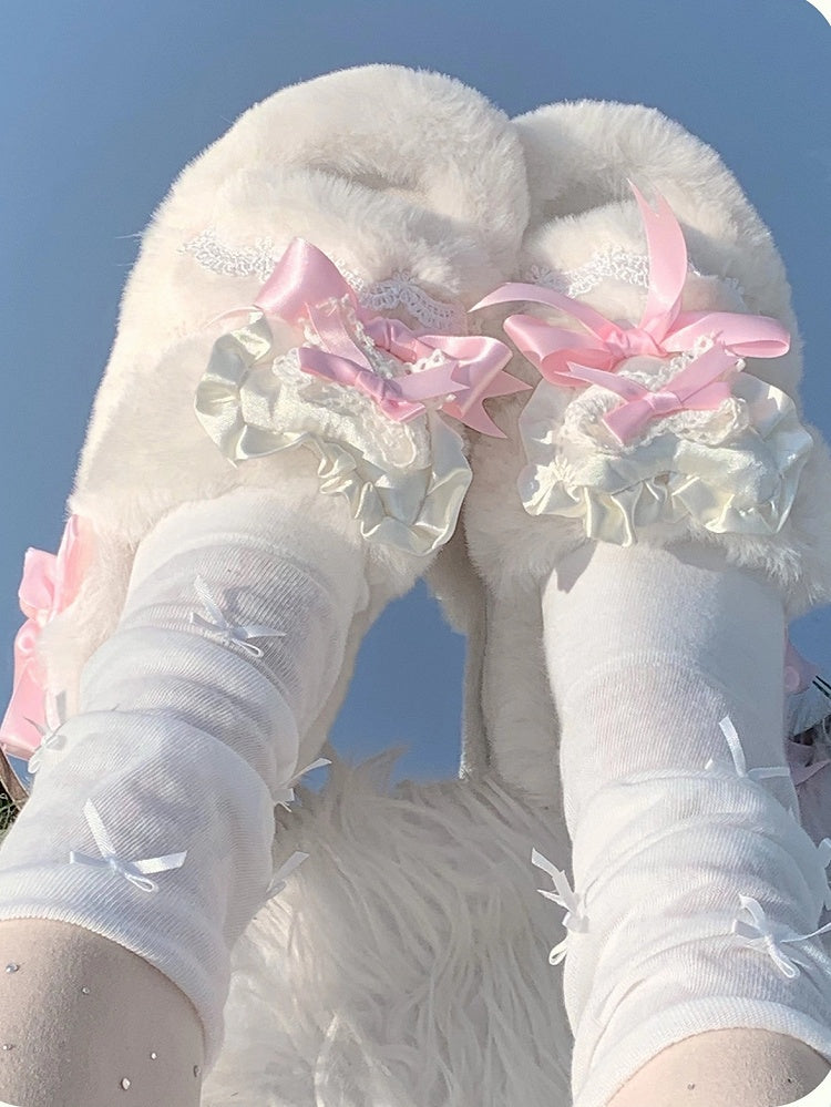 Ruffle - Lace Pink Slippers Bow with 2cm/4cm Platform Knotted Lolita Plush Heart Sweet Winter Trim
