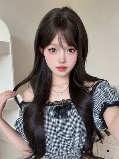 Curtain Length With Wavy Tea Black Wig Bangs 73CM