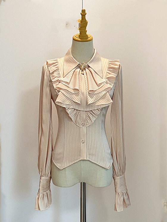 Beige Jabot Pointed Flat Collar Striped Fabric Long-Sleeve Shirt