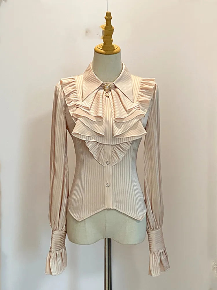 Spitz gestreifter Stoff Beige Jabot Hemdärmel Flacher langer Kragen